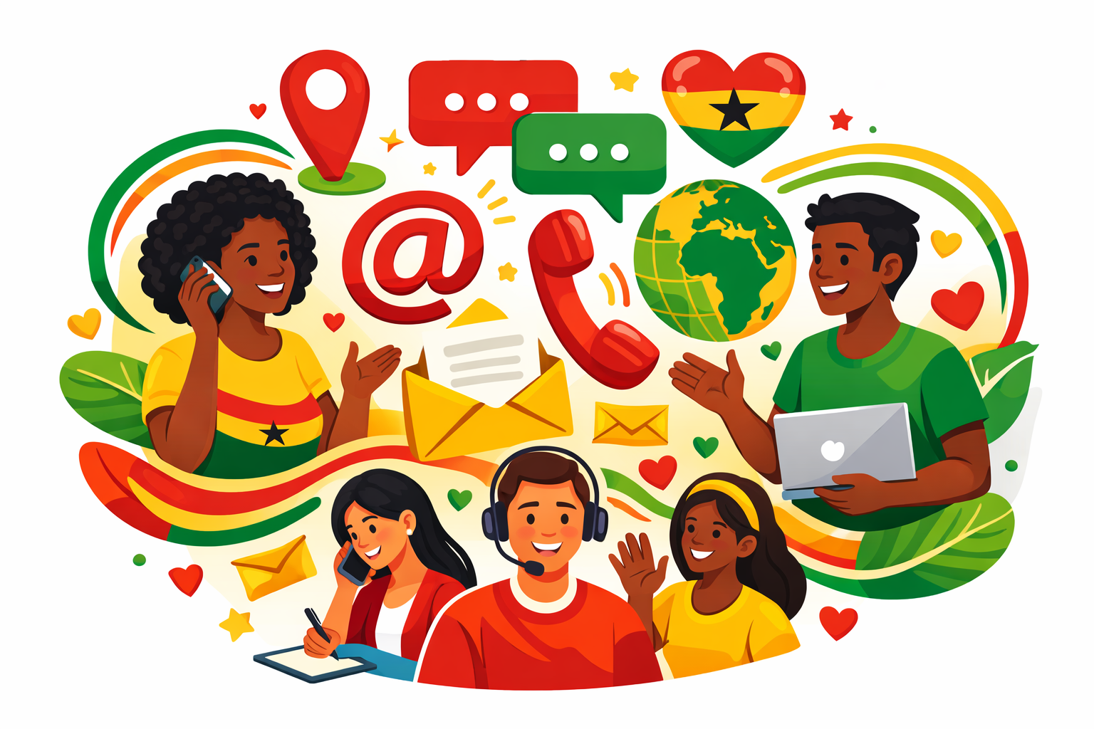 Illustration of people connecting via phone, email and chat